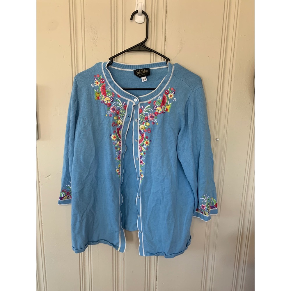 Bob Mackie‎ Wearable Art Blue Cardigan Tropical Fruit Floral Embroidered Large